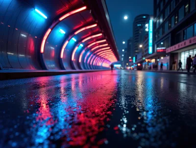 Futuristic Neon Tunnel Walkway At Night