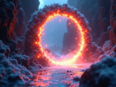 Glowing Fiery Portal In A Snowy Cave