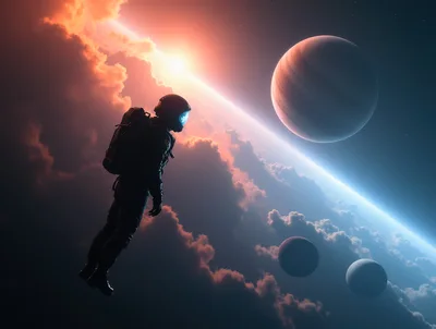 Astronaut Floating Above A Cloud Covered Planet