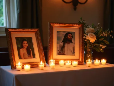 Memorial Table With Framed Portraits And Lit Candles