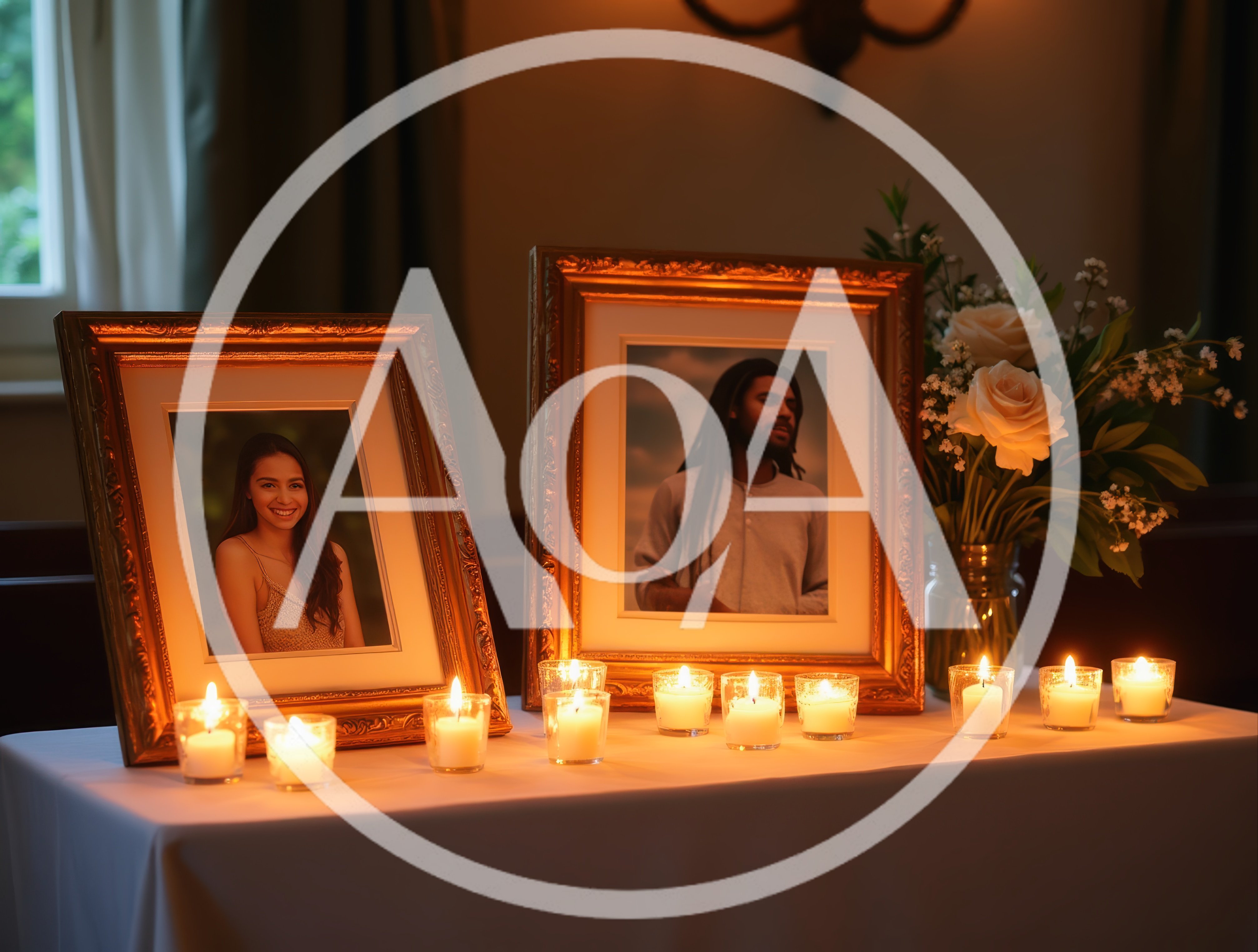 Memorial Table With Framed Portraits And Lit Candles