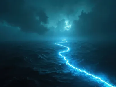 Electric Lightning Bolt Striking Dark Ocean Surface