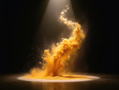 Yellow Powder Explosion Under Dramatic Spotlight