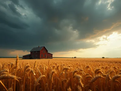Red Farmhouse Standing In A Golden Wheat Field