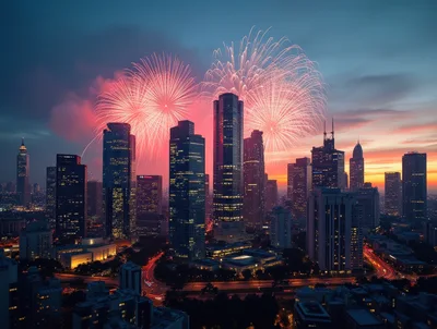 Fireworks Display Over Modern City Skyline At Sunset