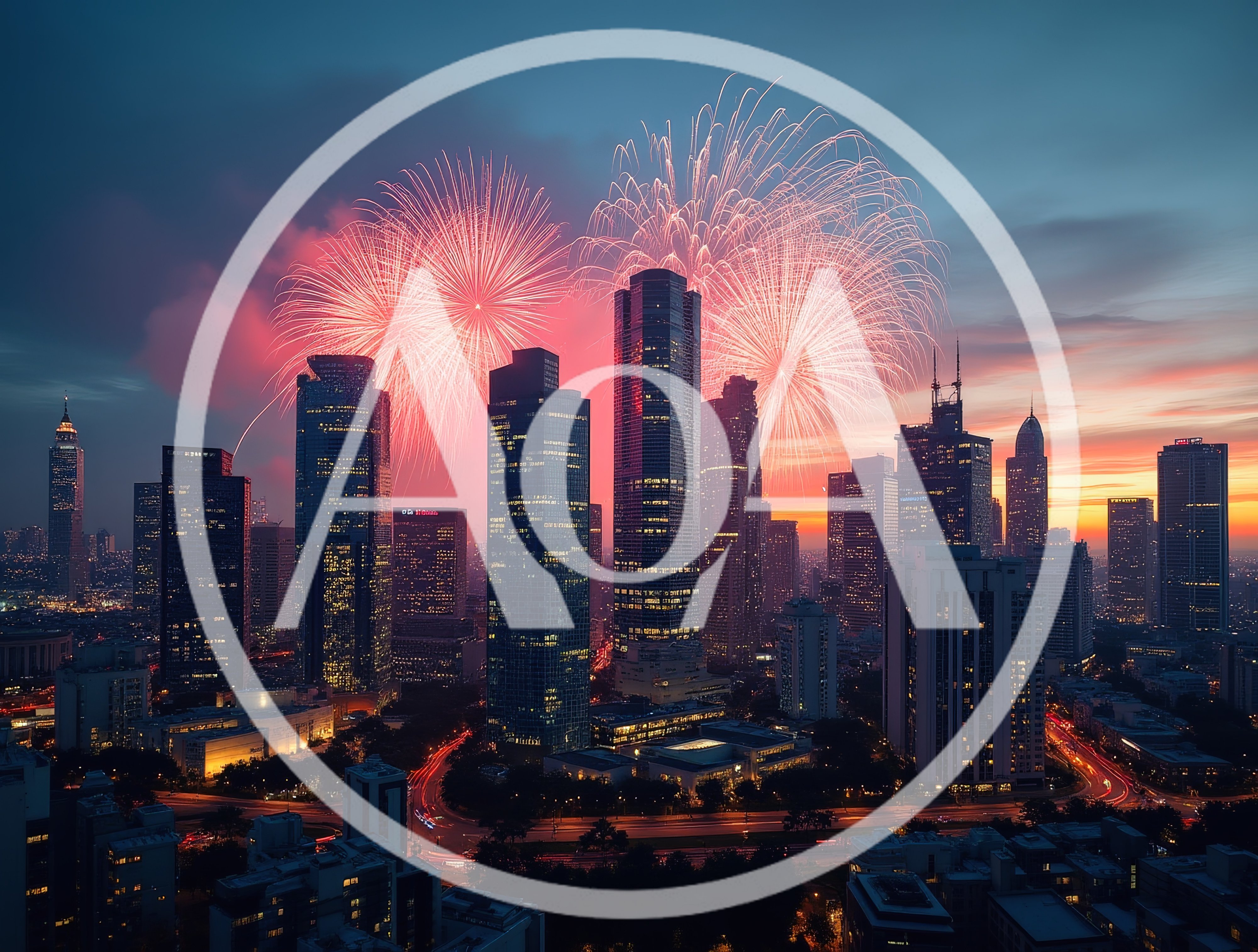 Fireworks Display Over Modern City Skyline At Sunset