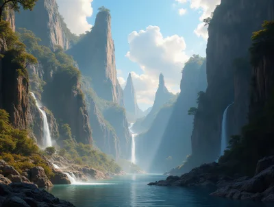 Majestic Waterfall Landscape With Towering Mountain Peaks