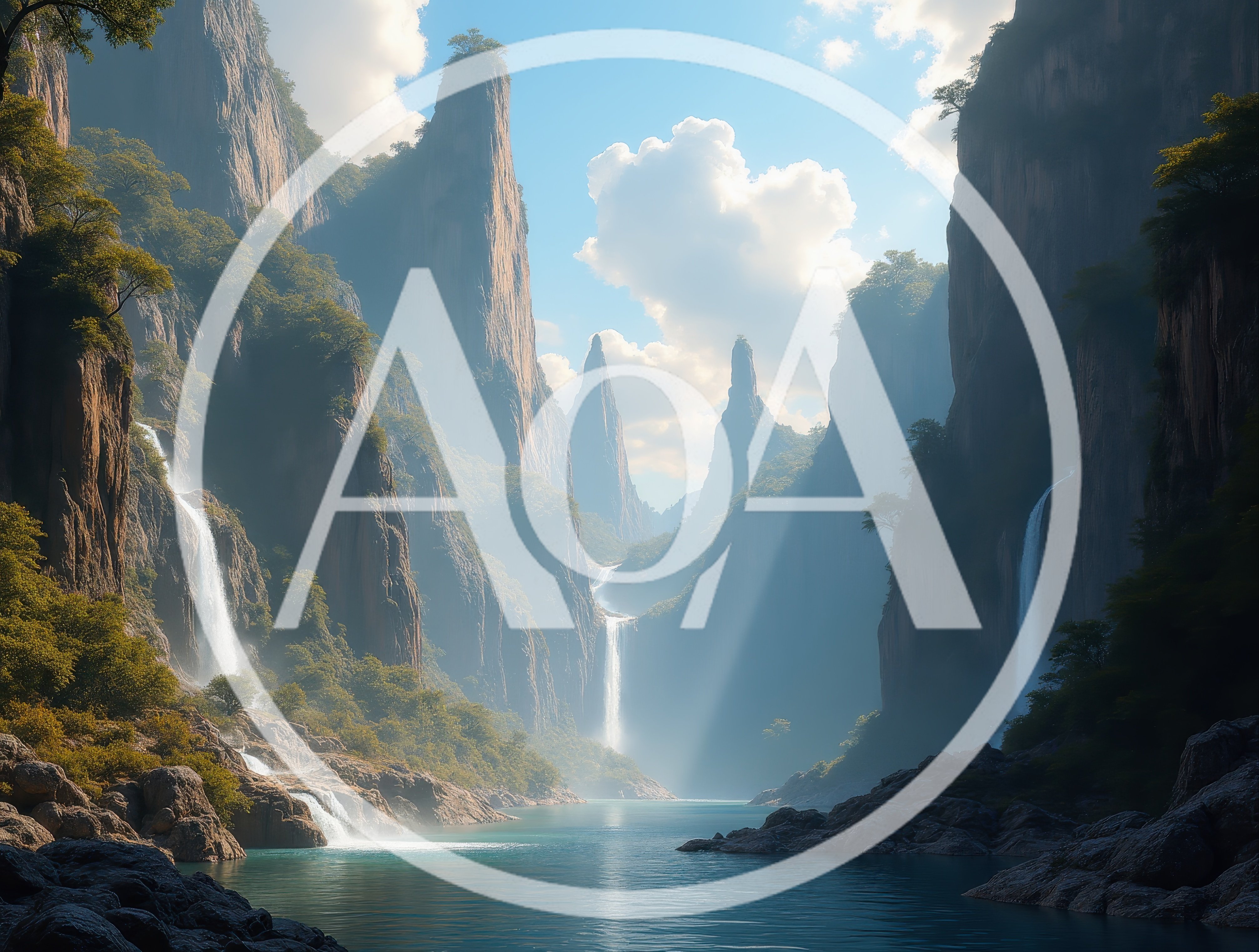 Majestic Waterfall Landscape With Towering Mountain Peaks