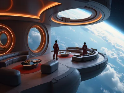 Astronauts Observing Earth From A Futuristic Space Station Lounge