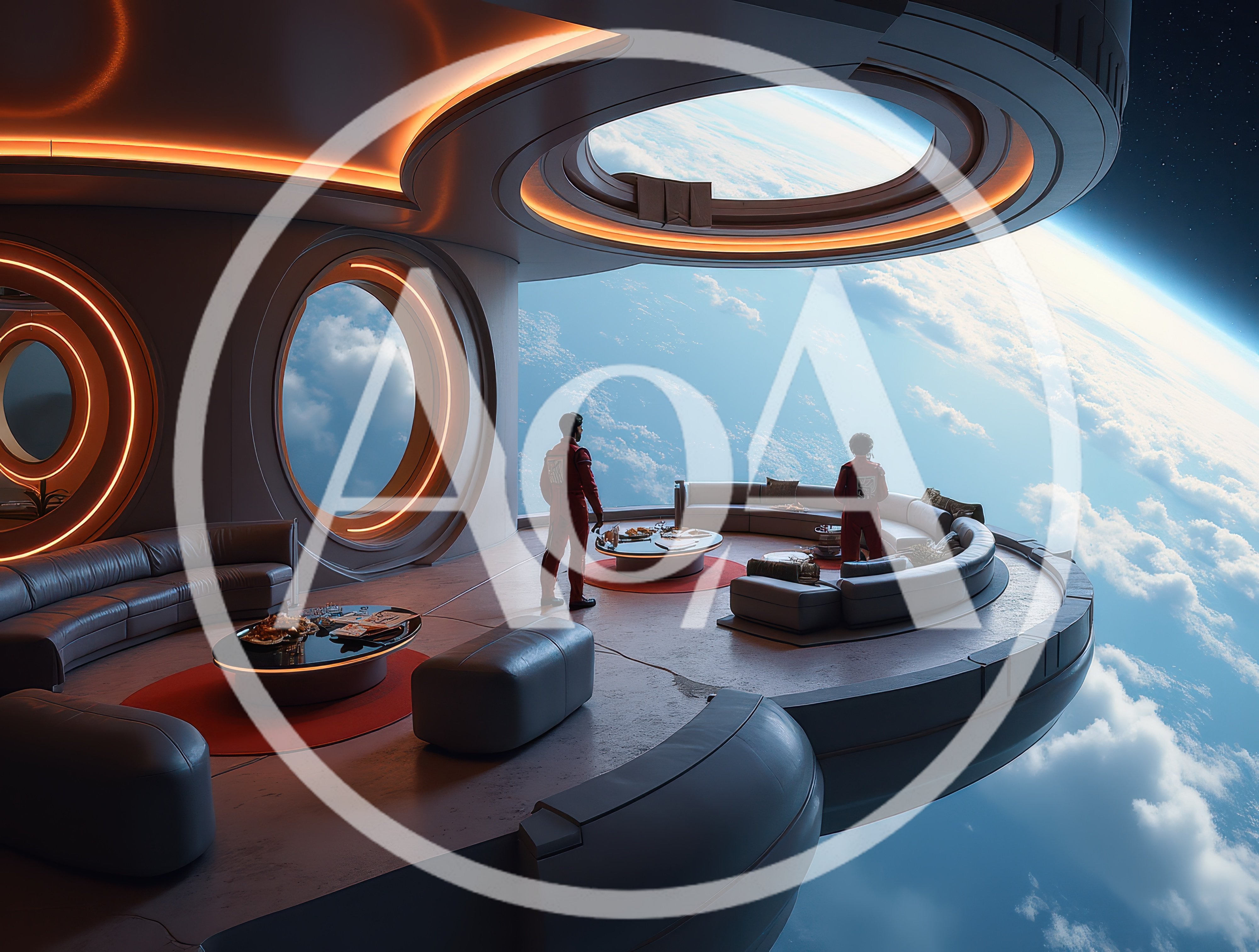 Astronauts Observing Earth From A Futuristic Space Station Lounge
