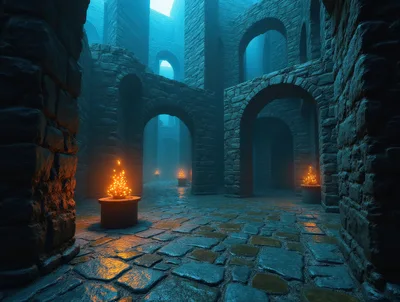 Ancient Stone Dungeon Corridor With Glowing Fire Braziers