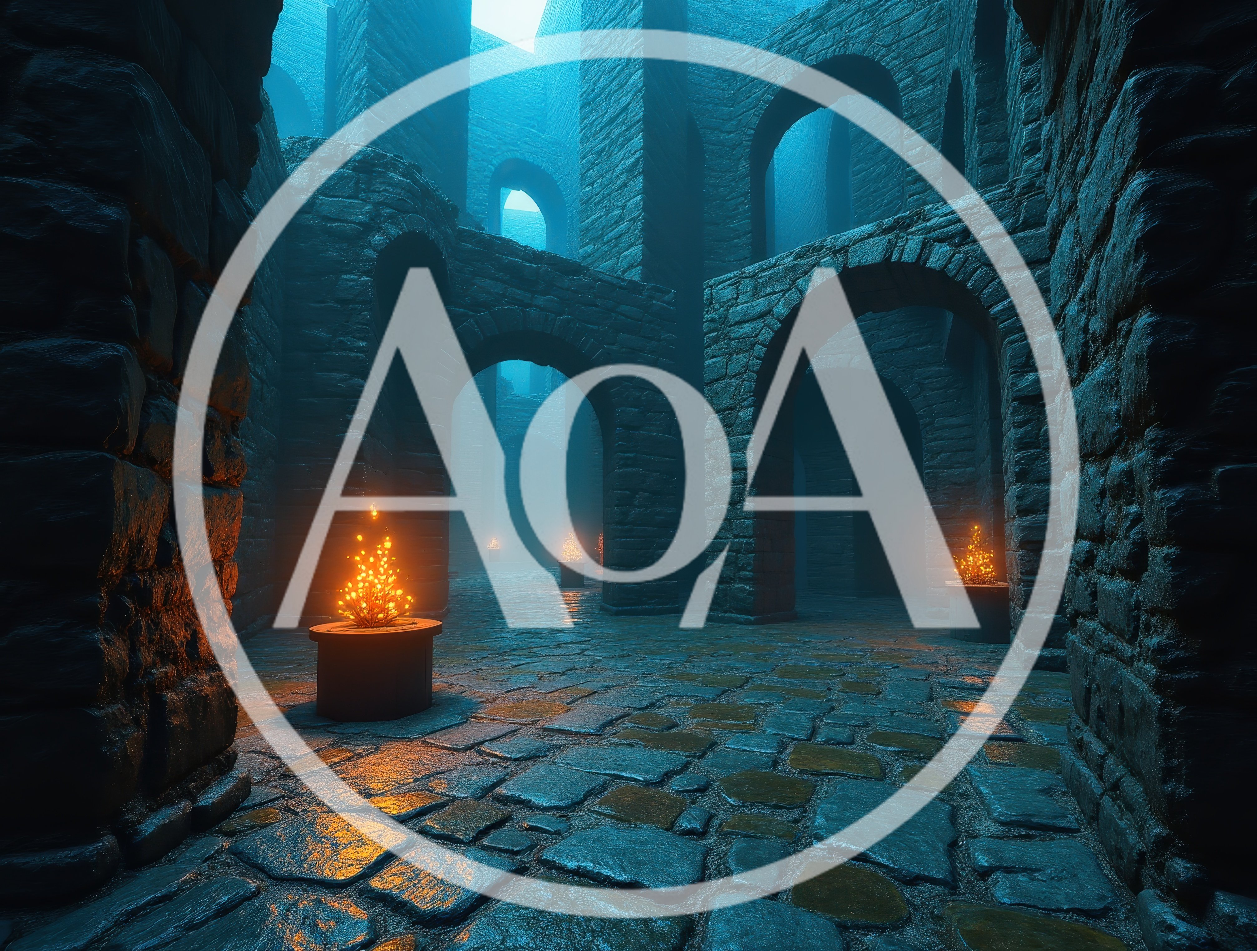 Ancient Stone Dungeon Corridor With Glowing Fire Braziers