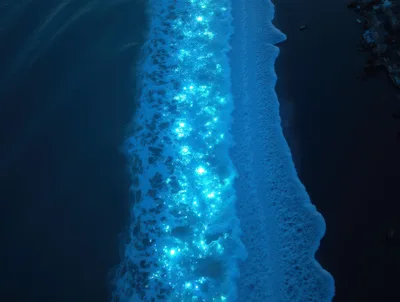 Aerial View Of Glowing Bioluminescent Waves At Night