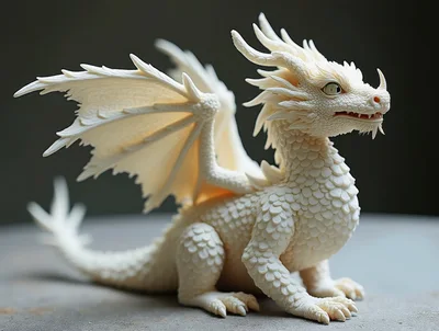 Intricate White Dragon Figurine On Grey Surface