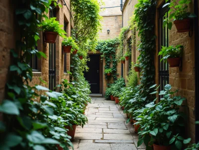 Narrow Stone Alleyway With Potted Plants And Ivy
