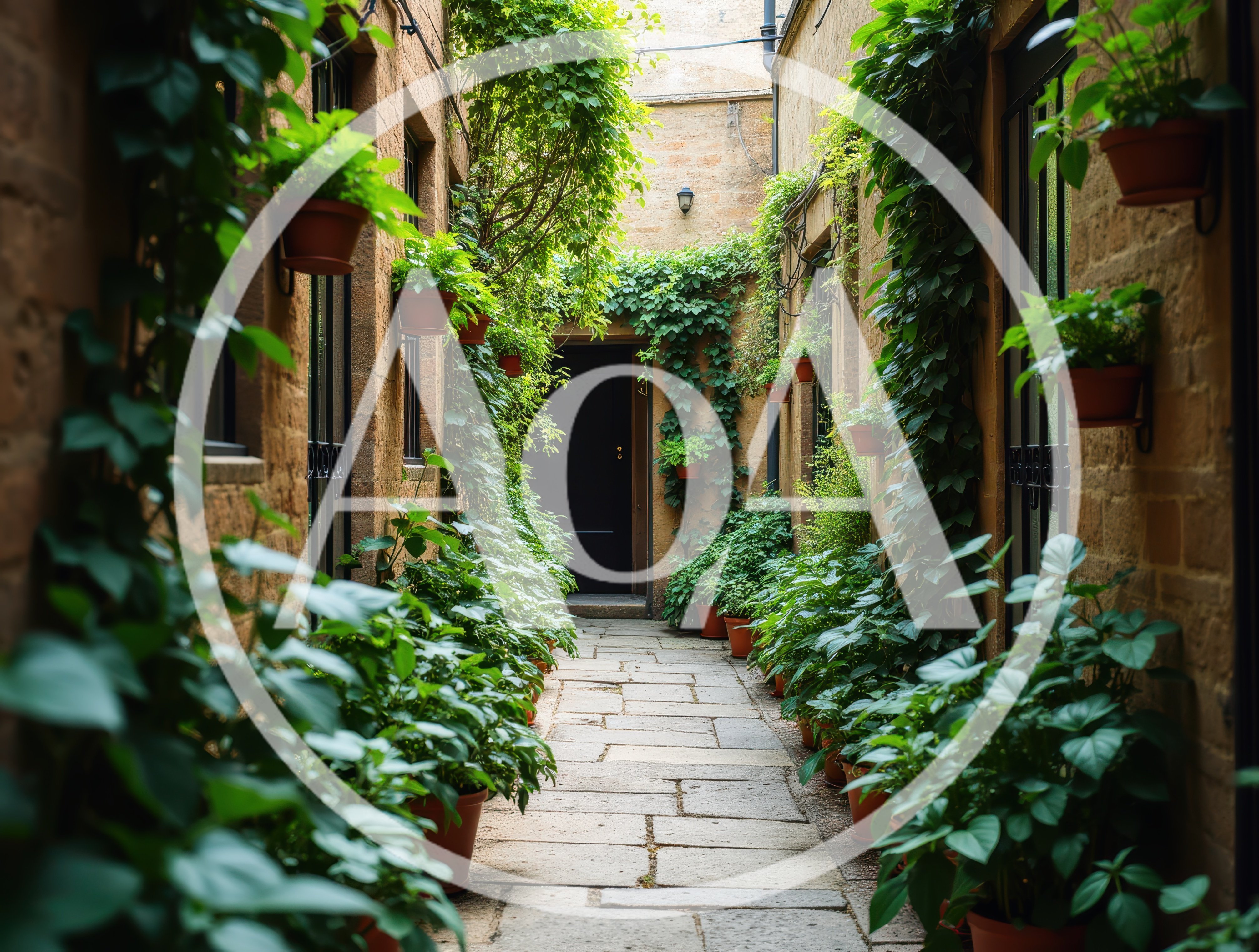 Narrow Stone Alleyway With Potted Plants And Ivy