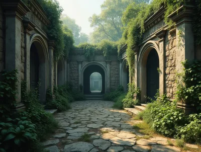 Ancient Stone Courtyard With Overgrown Arches