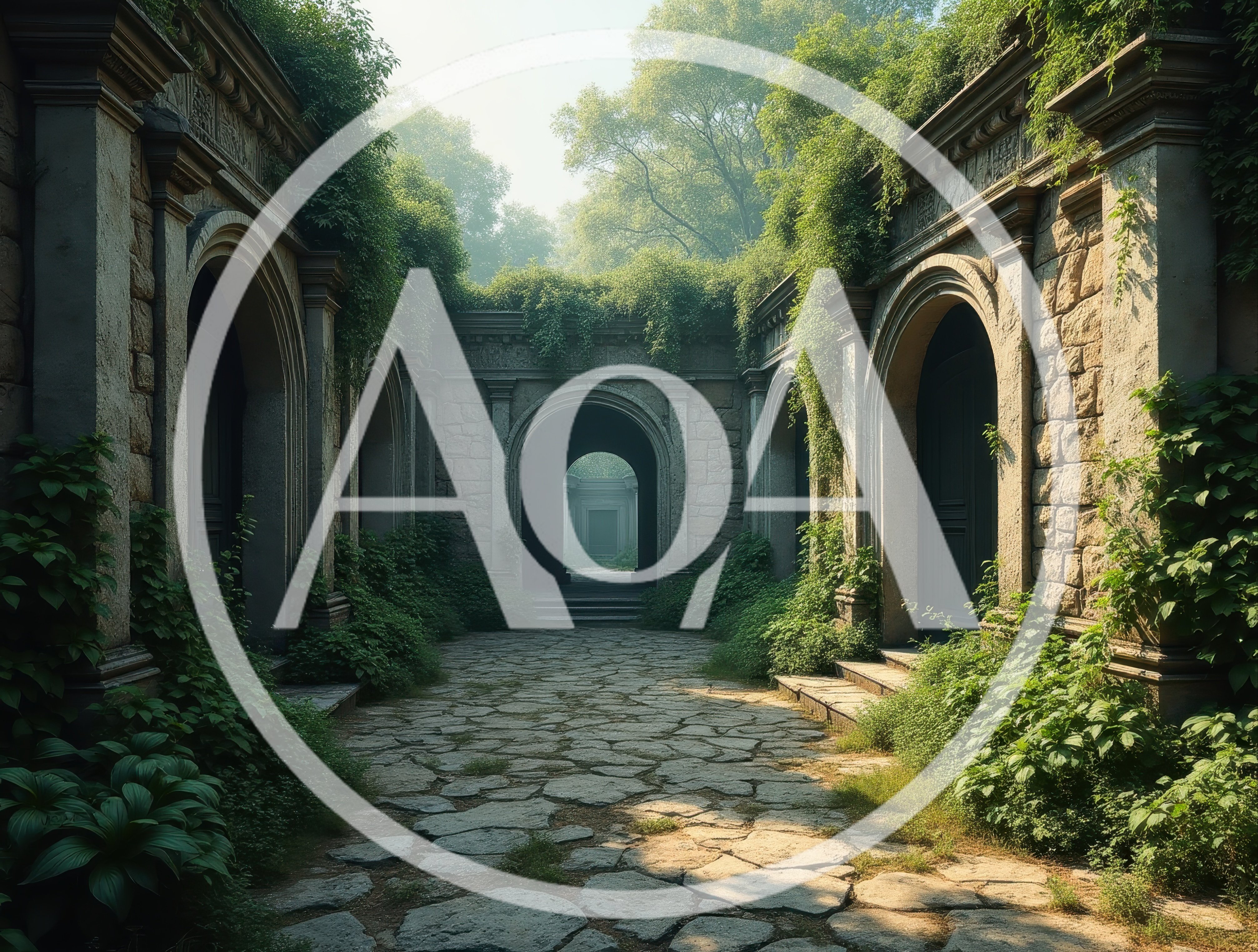 Ancient Stone Courtyard With Overgrown Arches