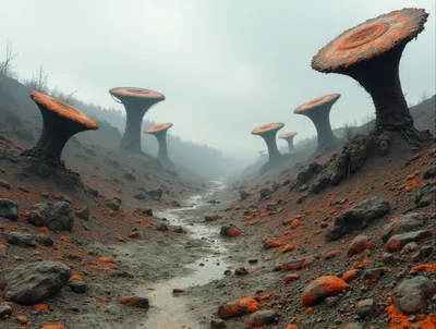 Surreal Alien Landscape With Giant Mushroom Like Structures