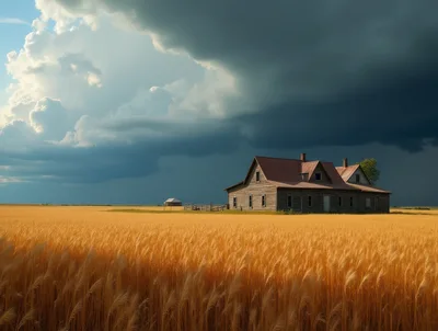 Old Farmhouse In A Golden Wheat Field Under Stormy Skies