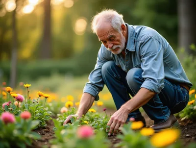 Senior Man Gardening Among Vibrant Spring Flowers