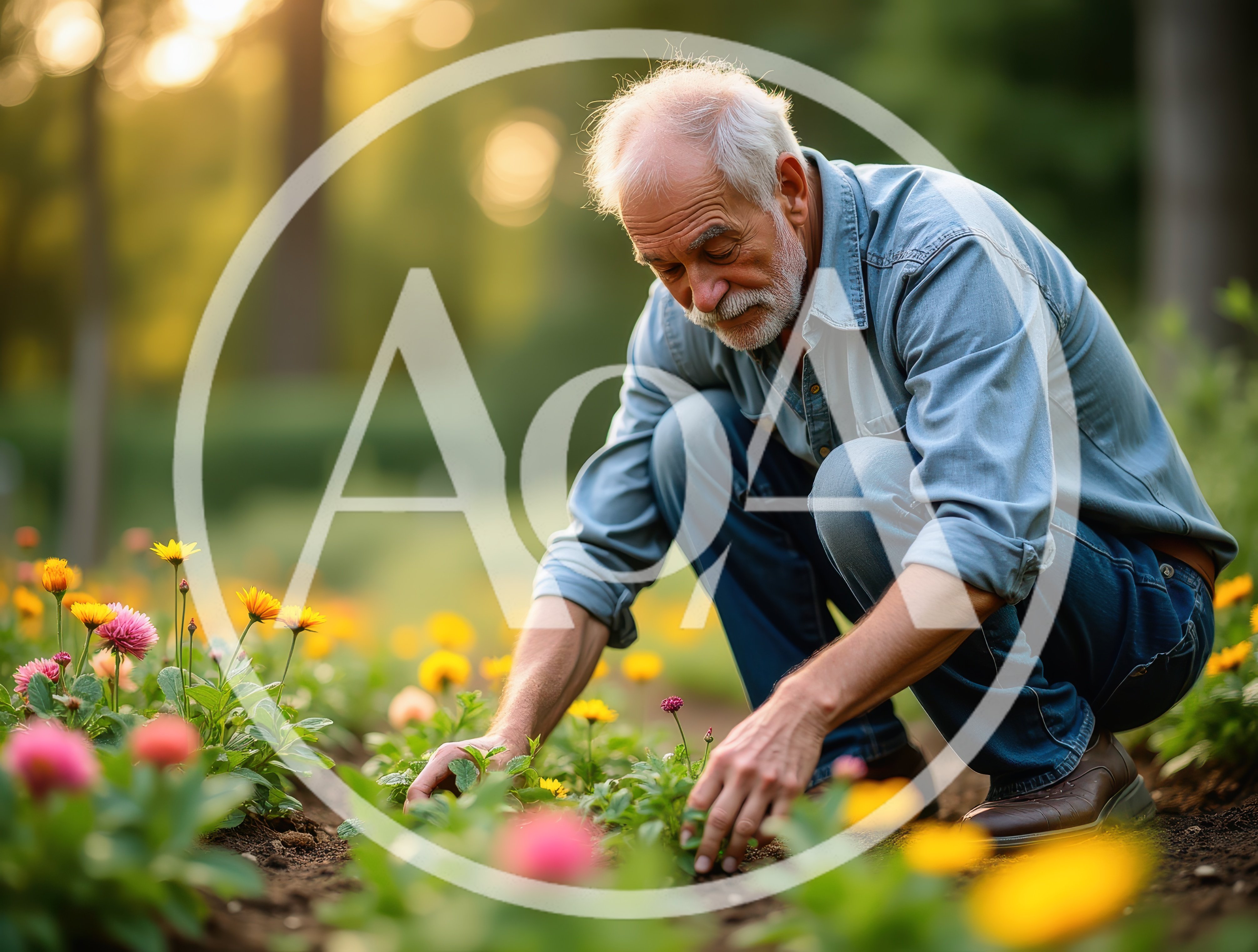 Senior Man Gardening Among Vibrant Spring Flowers
