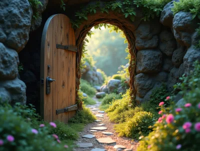 Open Wooden Door Leading Into A Magical Forest Path