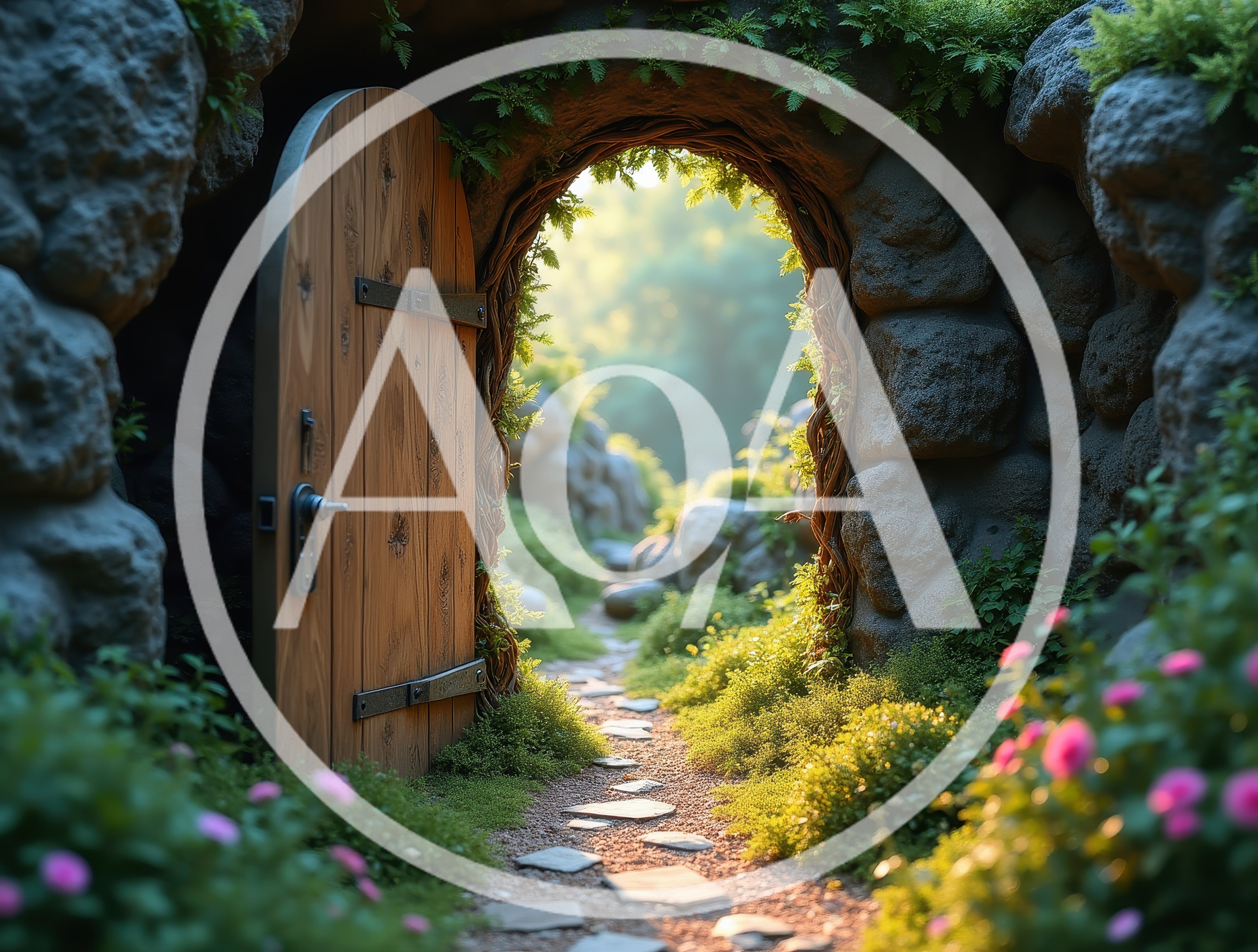 Open Wooden Door Leading Into A Magical Forest Path