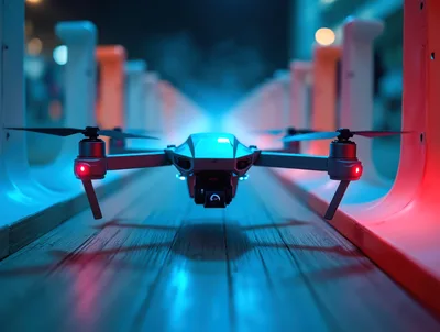 Modern Drone Hovering Over A Futuristic Illuminated Walkway