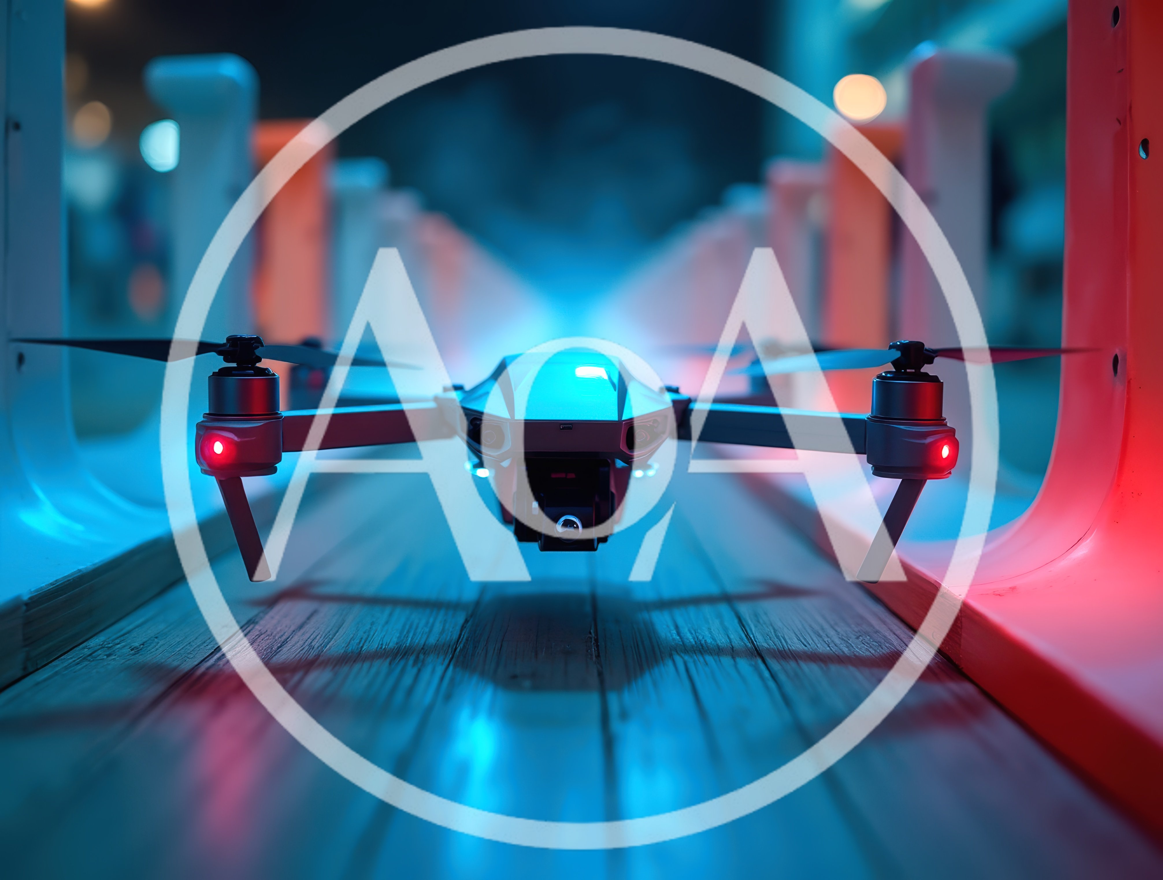 Modern Drone Hovering Over A Futuristic Illuminated Walkway