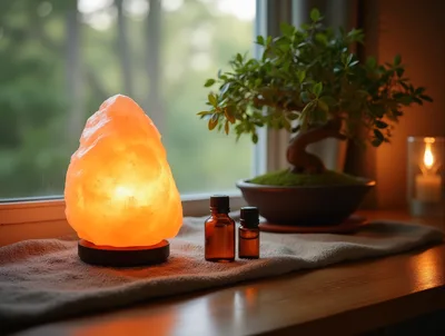 Himalayan Salt Lamp and Essential Oils on Window Sill