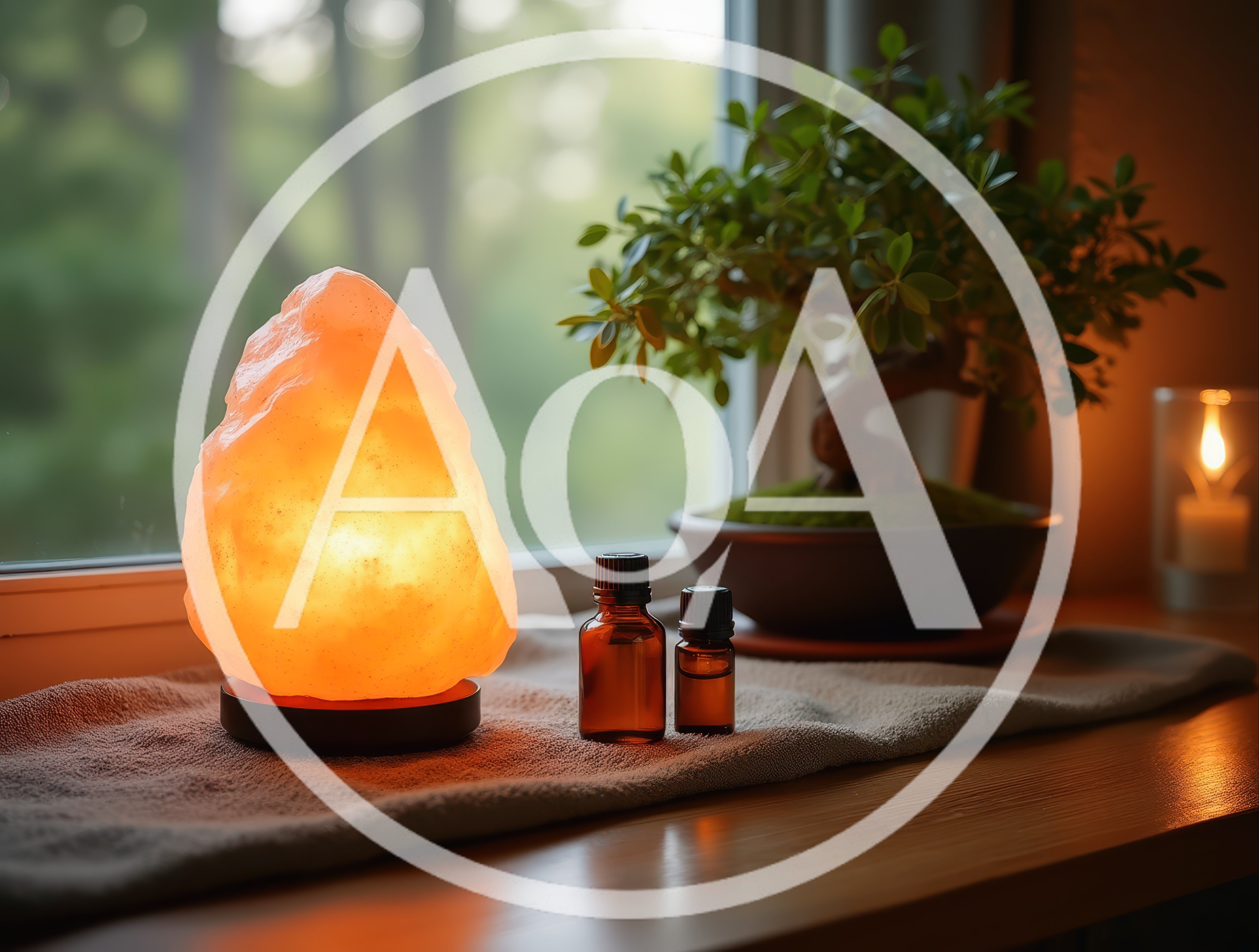 Himalayan Salt Lamp and Essential Oils on Window Sill