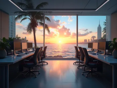 Modern Office Workspace Overlooking Tropical Sunset Ocean View