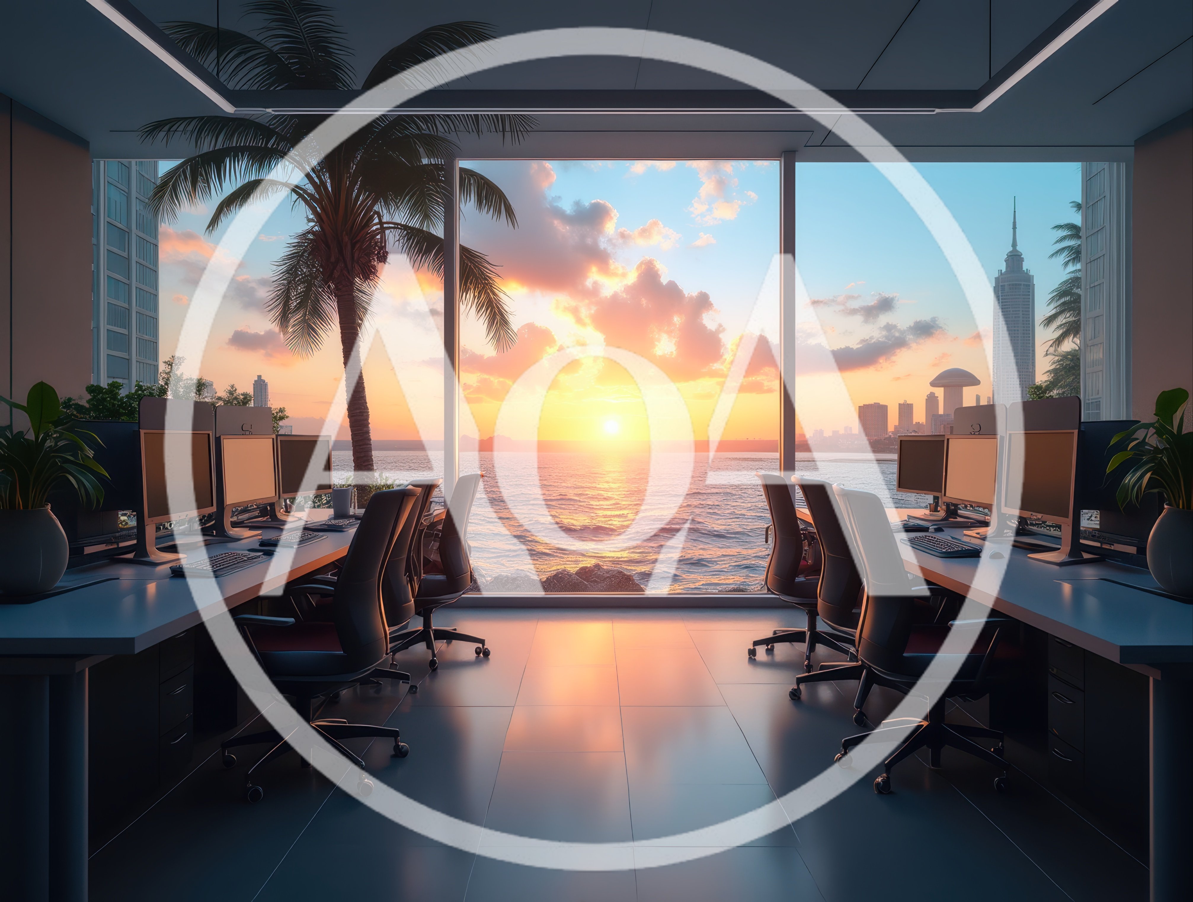 Modern Office Workspace Overlooking Tropical Sunset Ocean View