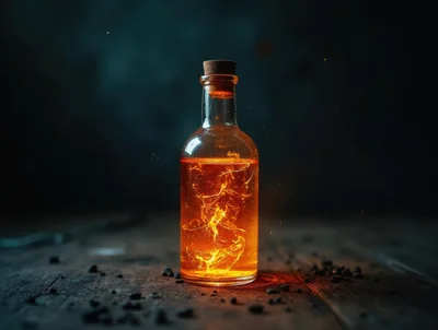 Glowing Magic Potion Bottle on Wooden Table