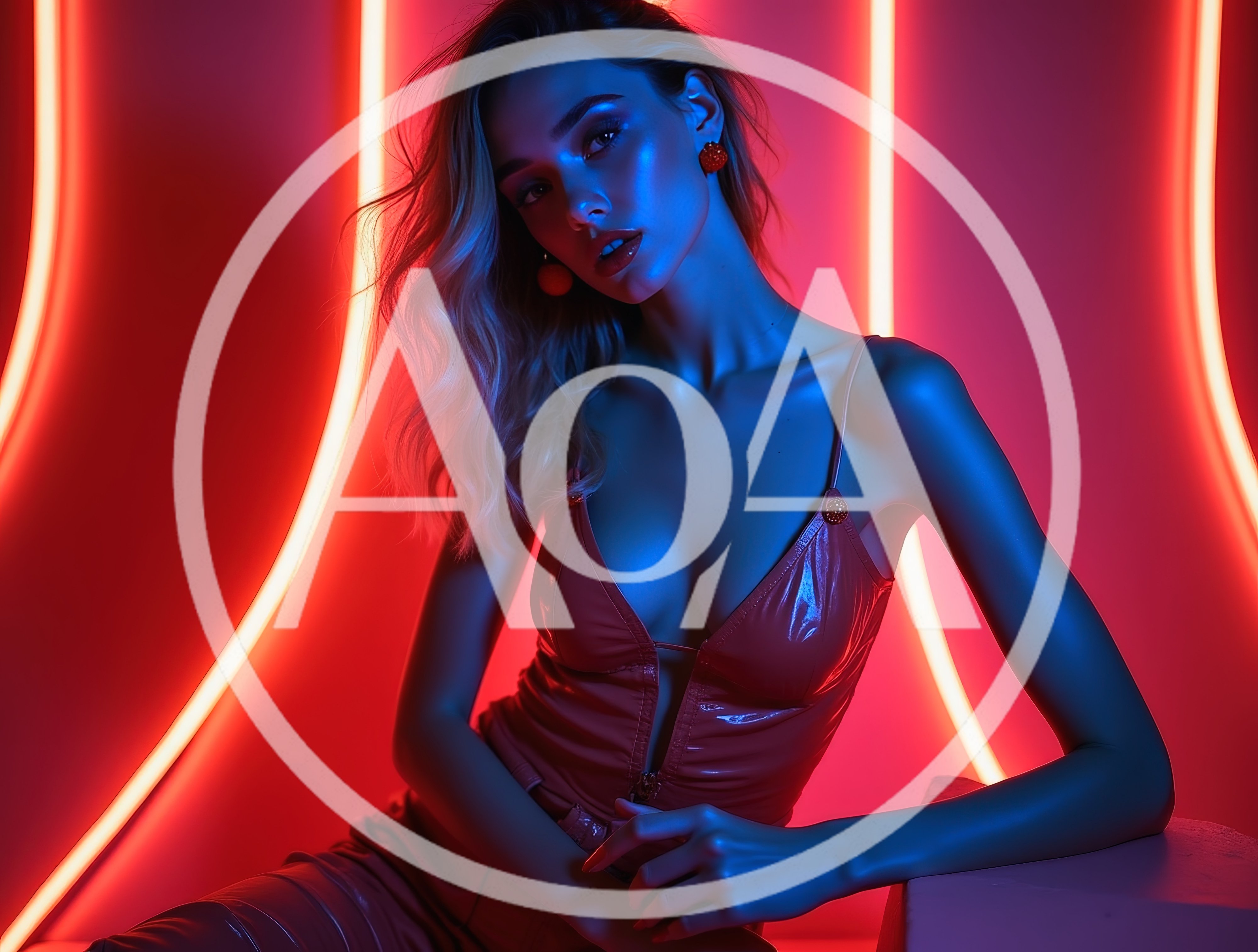 Fashionable Woman Posing In Neon Lit Studio