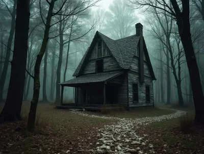 Abandoned Wooden House In A Misty Forest