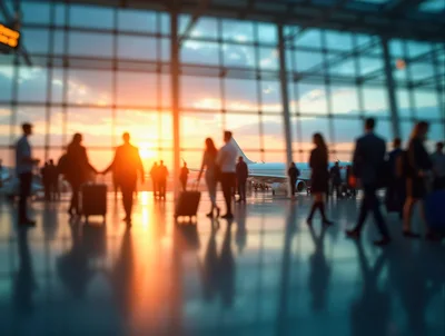 Silhouetted Travelers Walking Through Airport Terminal At Sunset