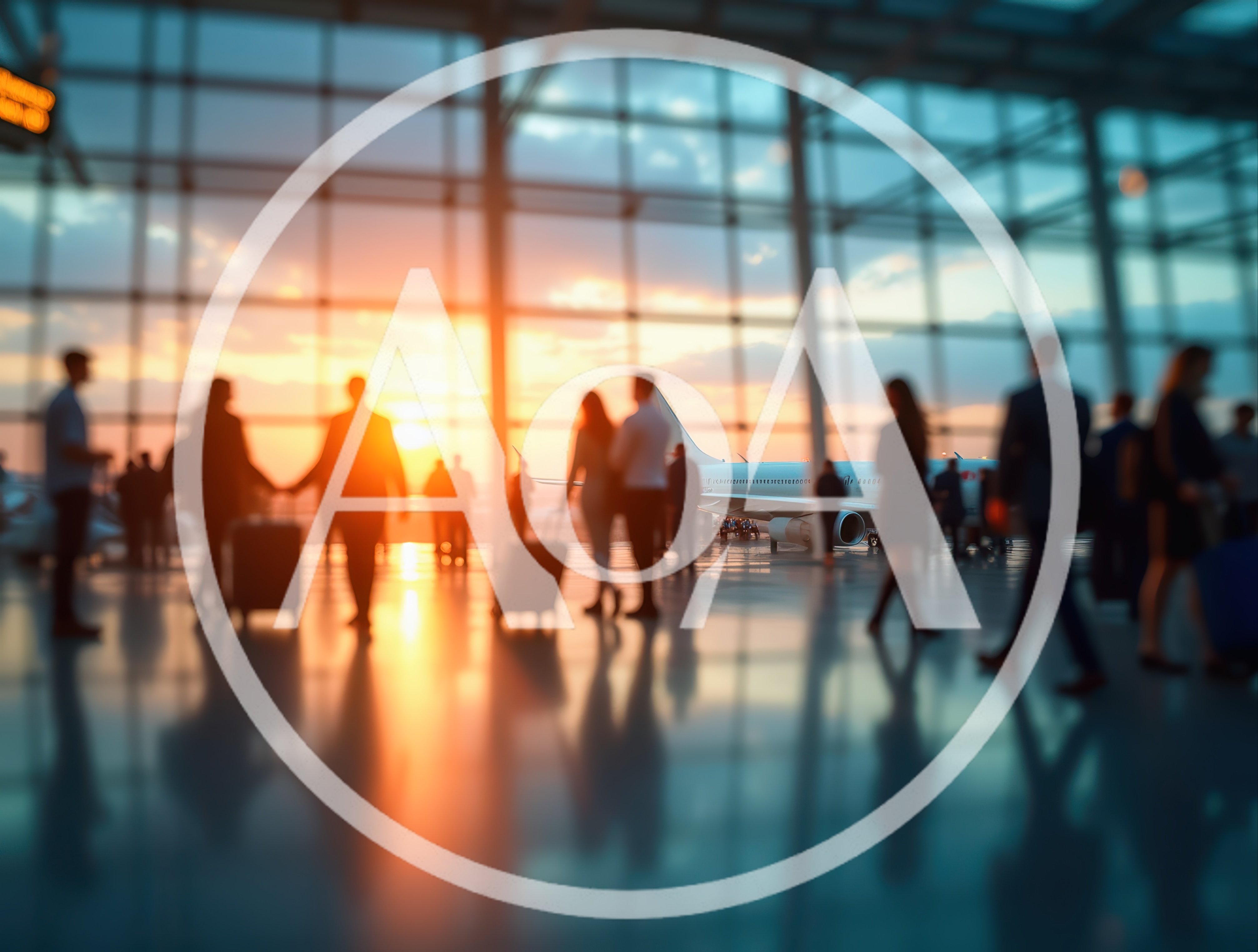 Silhouetted Travelers Walking Through Airport Terminal At Sunset