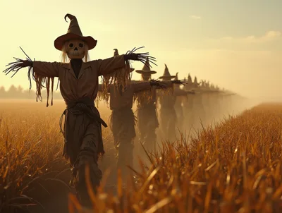 Eerie Scarecrows Marching Through A Golden Field
