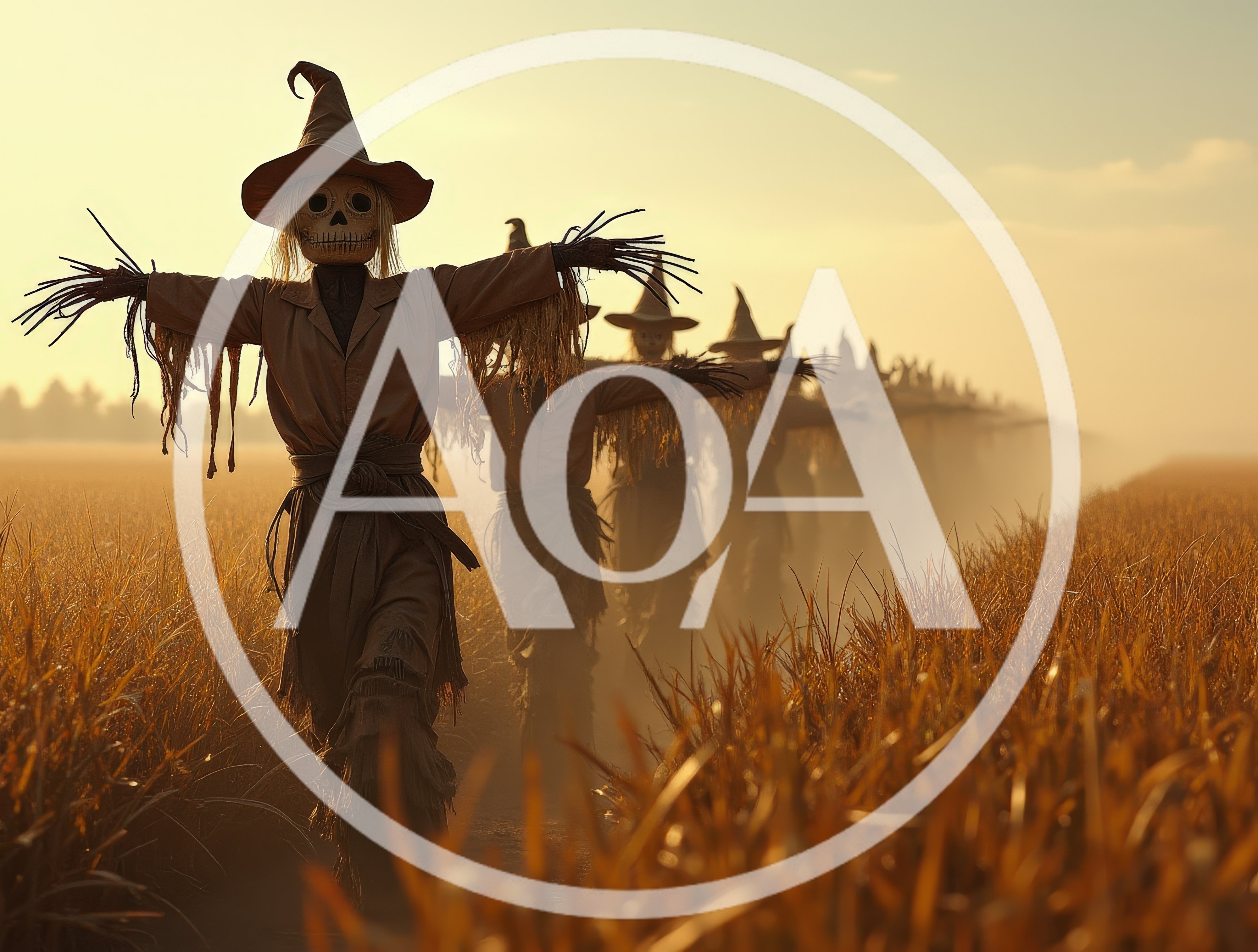 Eerie Scarecrows Marching Through A Golden Field