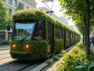 Eco Friendly Green Tram Moving Through City Street