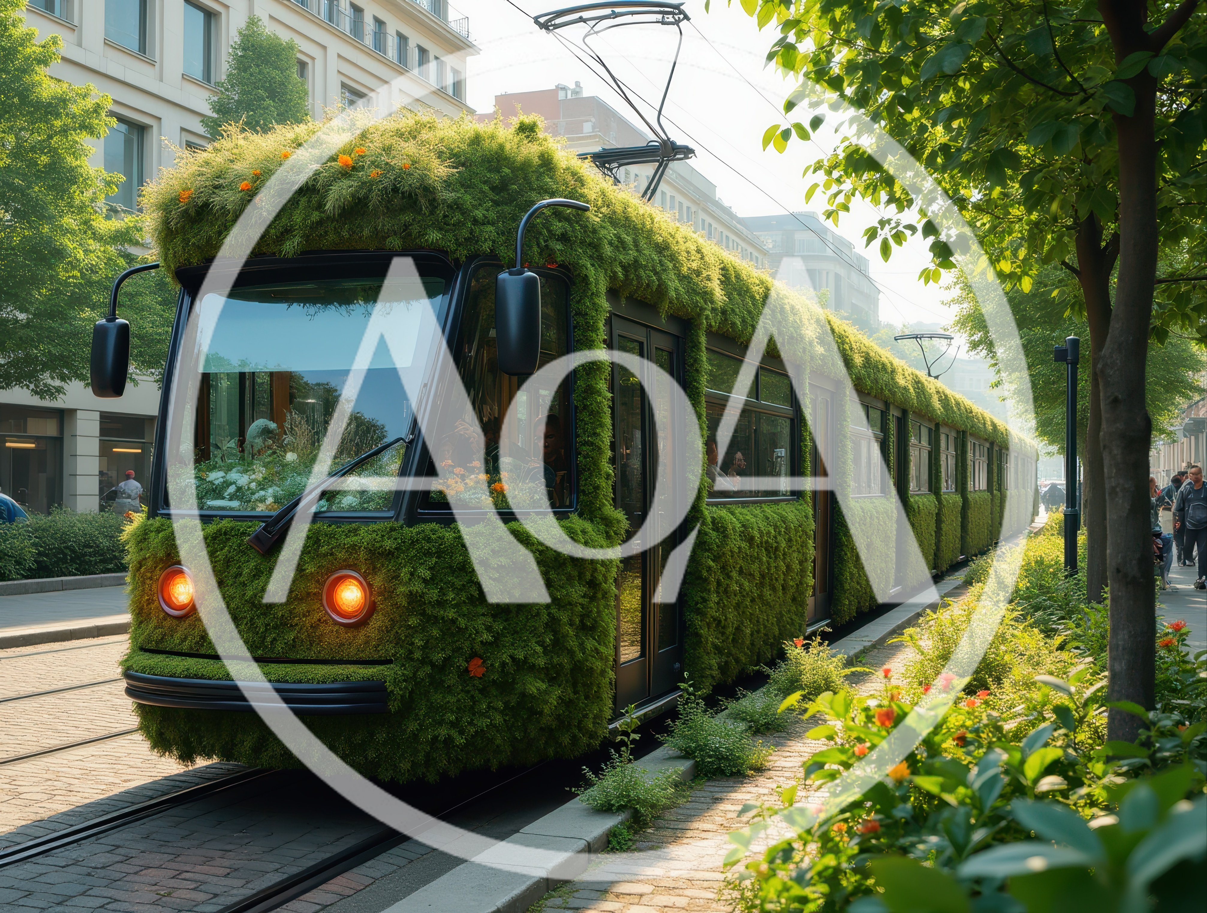 Eco Friendly Green Tram Moving Through City Street