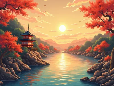 Traditional Japanese Pagoda Beside A River At Sunset