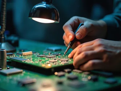 Technician Repairing Electronic Circuit Board With Precision Tool