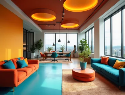 Modern Office Lounge With Vibrant Orange And Teal Decor