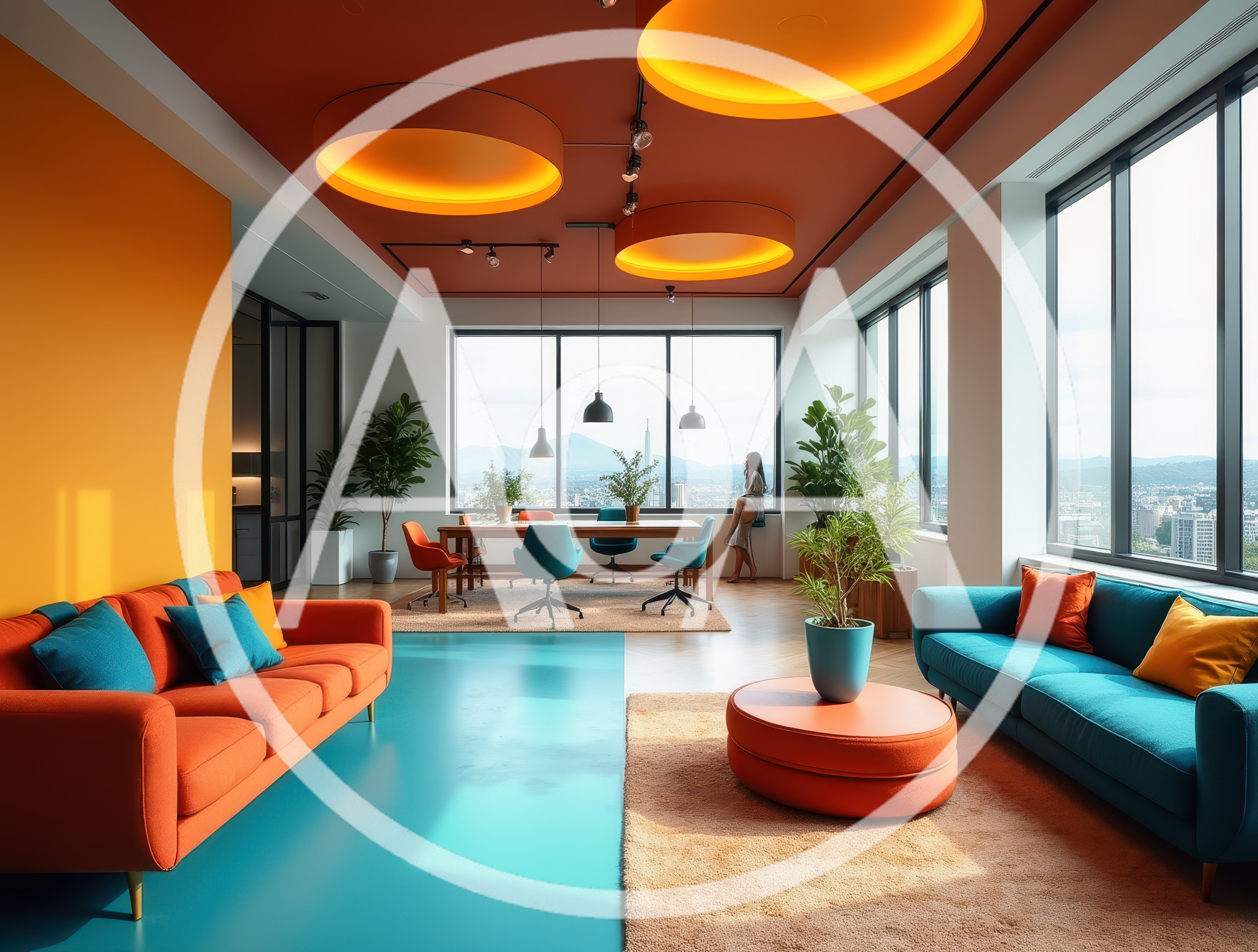Modern Office Lounge With Vibrant Orange And Teal Decor