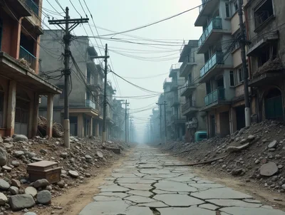 Desolate Street Scene In A Ruined City