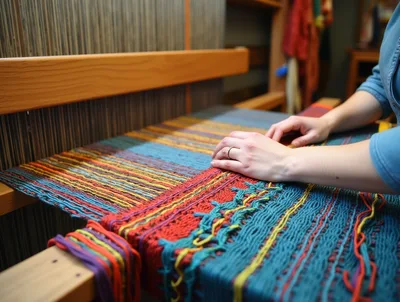 Artisan Weaving Colorful Fabric On A Traditional Loom