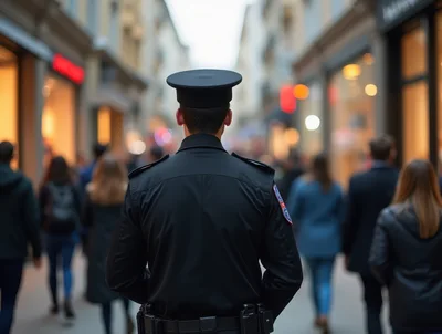 Police Officer Patrolling A Busy City Shopping Street